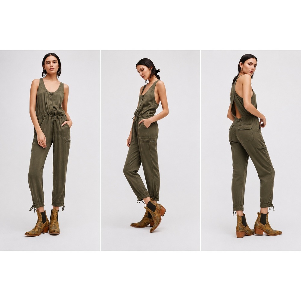 Free People Roaring Rayon Utilitarian Jumpsuit Olive Green 4 Boho Cargo Festival